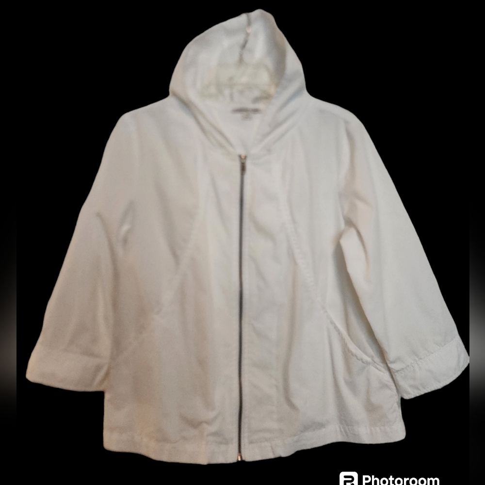 Coldwater Creek White Cotton Blend Hooded Zip Up Jacket Lagenlook Size Medium - Picture 1 of 9